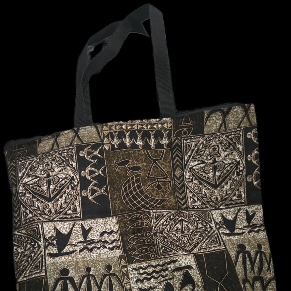 Tribal Print Canvas Tote Bag - African Primitive Art / Tapa Style - Black & Brow - Picture 4 of 4